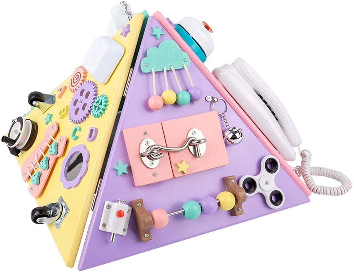 Montessori Busy Board Pyramid for Toddlers – Wooden Sensory Activity Cube for Motor Skills