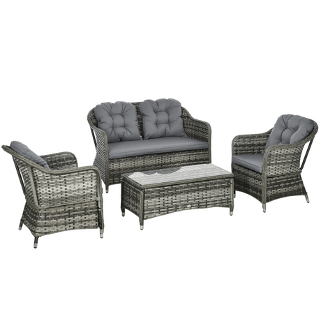 Outsunny 4-piece grey rattan sofa set with glass-top table
