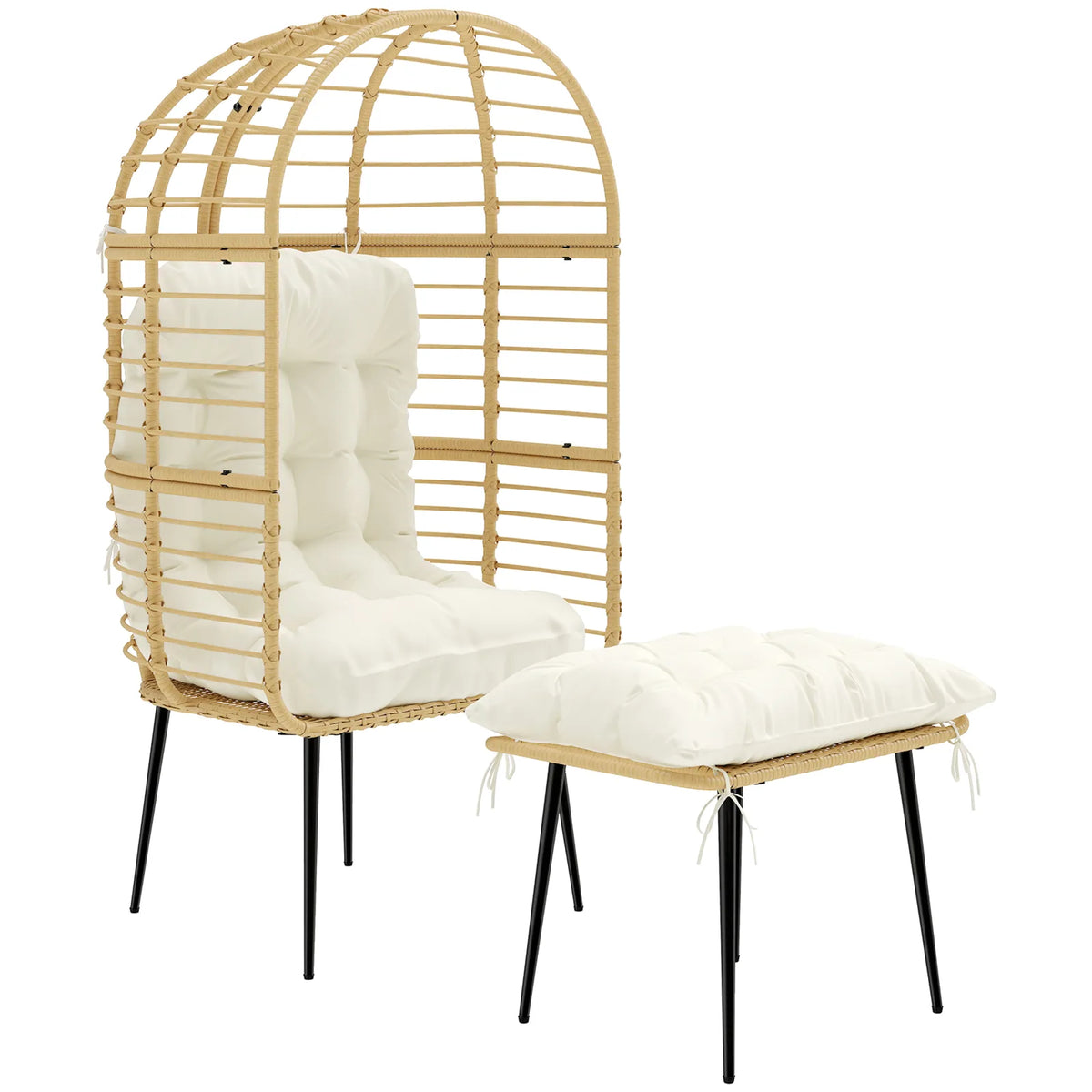 Outsunny Rattan Egg Chair with Footstool and Thick Cushions – Indoor Outdoor Garden Lounge Set, Beige