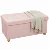 HOMCOM Velvet Upholstered Foldable Storage Ottoman Bench with Wood Legs – Footrest for Living Room, Pink