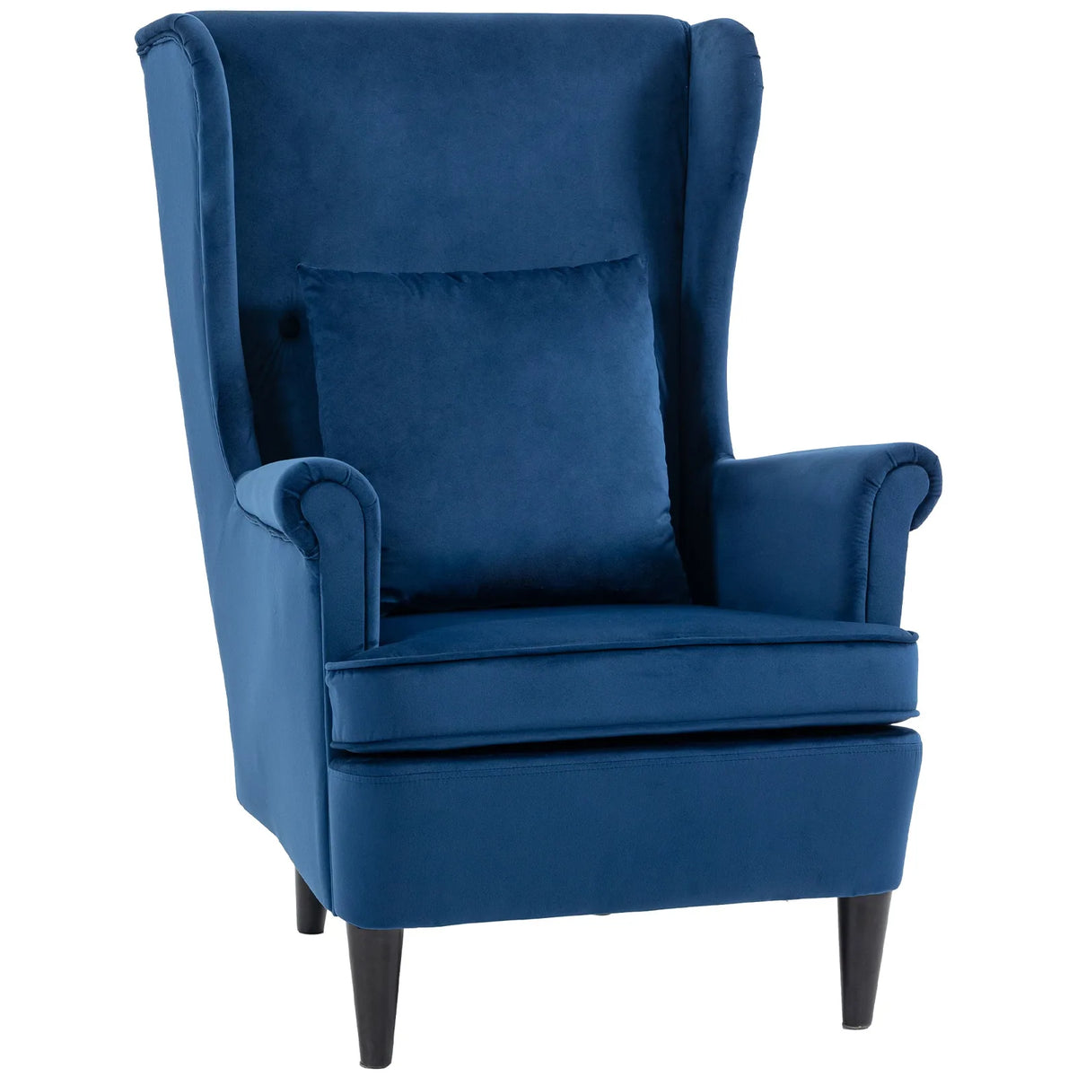 HOMCOM Wingback Accent Chair with High Backrest & Pillow – Velvet-Feel Reading Chair, Solid Wood Legs, Blue