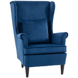 HOMCOM Wingback Accent Chair with High Backrest & Pillow – Velvet-Feel Reading Chair, Solid Wood Legs, Blue