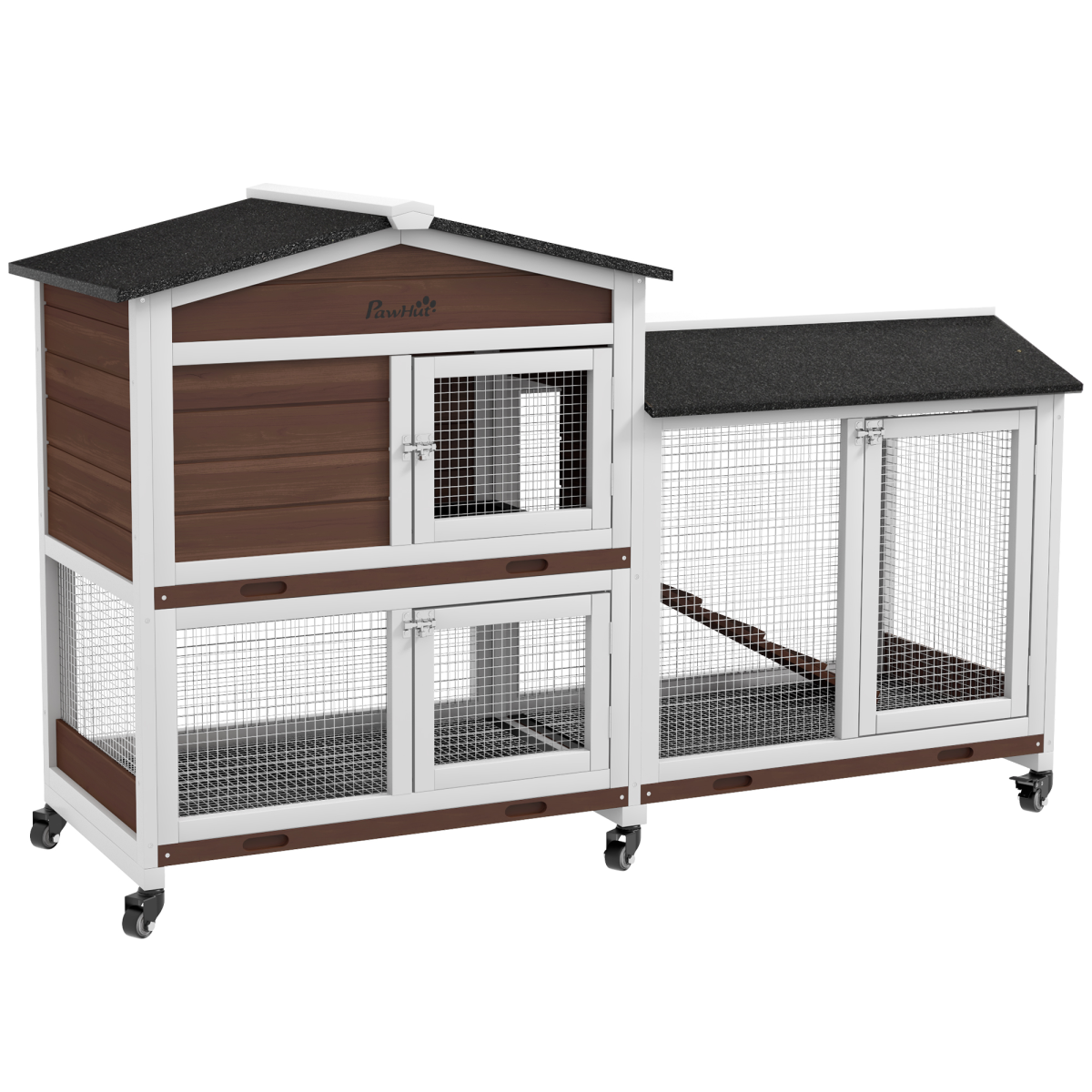 PawHut Wooden Rabbit Hutch with Wheels, Run & Ramp – Outdoor Guinea Pig Cage for 1–3 Rabbits, Brown