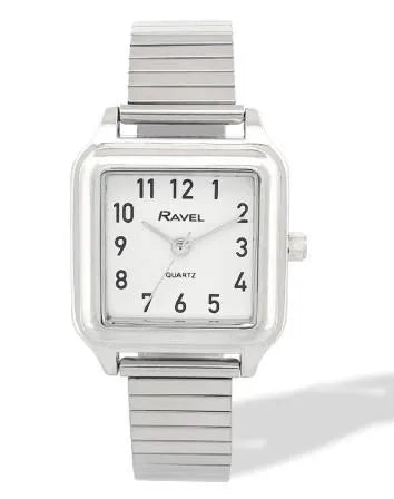 Ravel Ladies Easy Read Square White Dial Watch with Silver Stainless Steel Expander Bracelet, 28mm