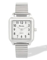 Ravel Ladies Easy Read Square White Dial Watch with Silver Stainless Steel Expander Bracelet, 28mm
