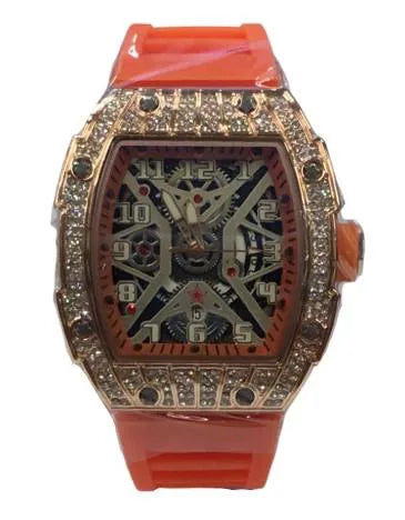 Longbo Gents Quartz Skeleton Watch with Clear Dial & Orange Rubber Strap – Rose Bling Fashion Wristwatch