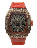 Longbo Gents Quartz Skeleton Watch with Clear Dial & Orange Rubber Strap – Rose Bling Fashion Wristwatch