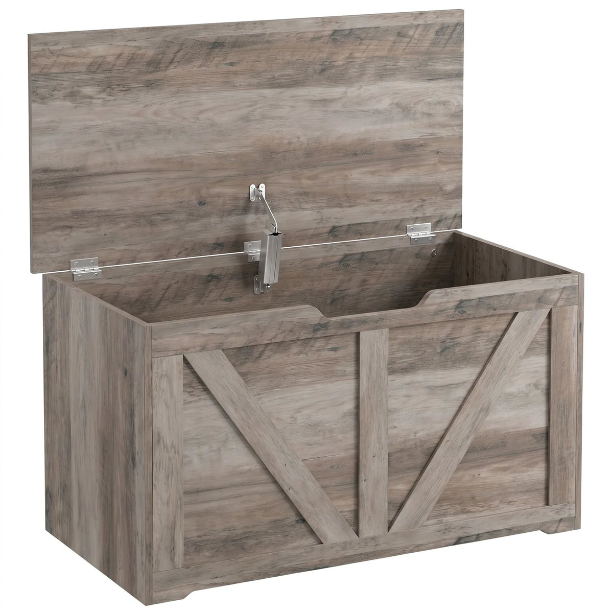 HOMCOM 100L Storage Box with Safety Hinge – Seat Top Storage Chest and Bench, Grey Wood-Effect