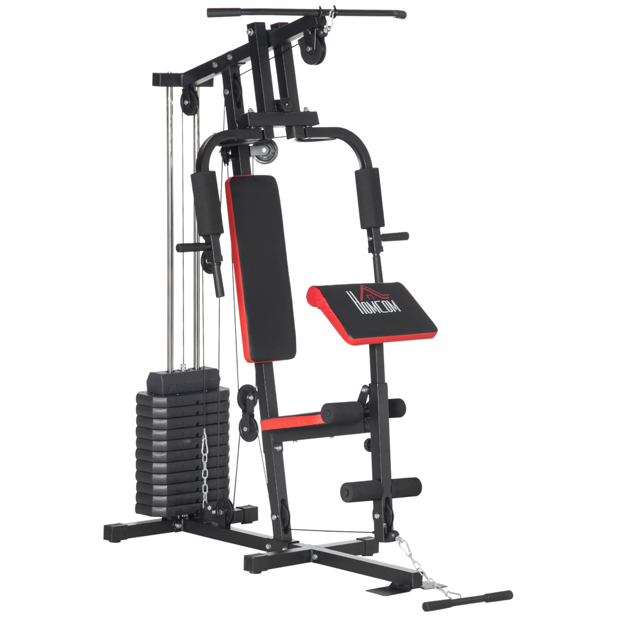 HOMCOM Multi Home Gym Machine with 66kg Weights, Lat Pull Down & Chest Press – Full Body Strength Trainer, Red