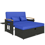 Outsunny Double Rattan Garden Daybed with Storage Ottoman – 3-in-1 Sun Lounger with Adjustable Backrest and Side Tables, Brown