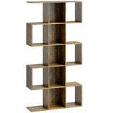 HOMCOM 5-Tier S-Shaped Geometric Bookcase with 15 Compartments – Slim Display Shelf with Anti-Tip Hardware, Rustic Brown