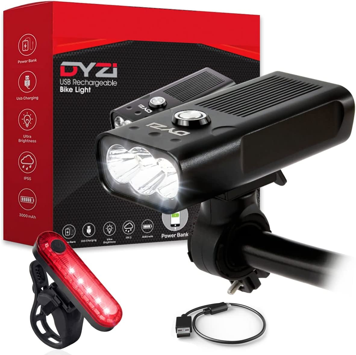 USB Rechargeable Bike Light Set with Bright Front LED, Tail Light & Built-in Power Bank – Waterproof