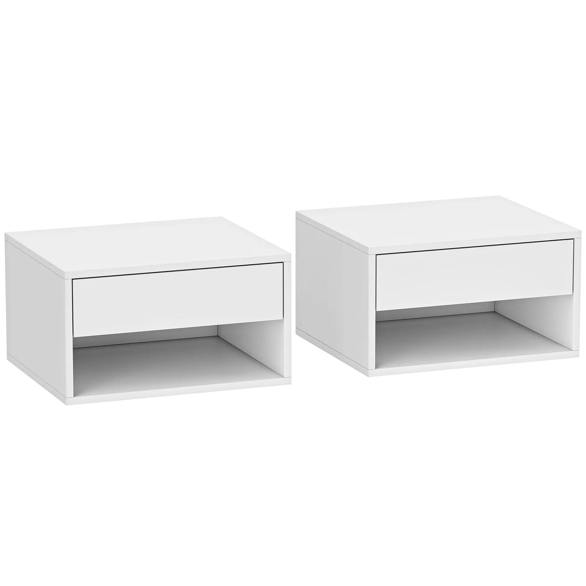 HOMCOM Set of 2 Floating Bedside Tables with Drawer and Shelf – Wall-Mounted Bedroom Storage, White