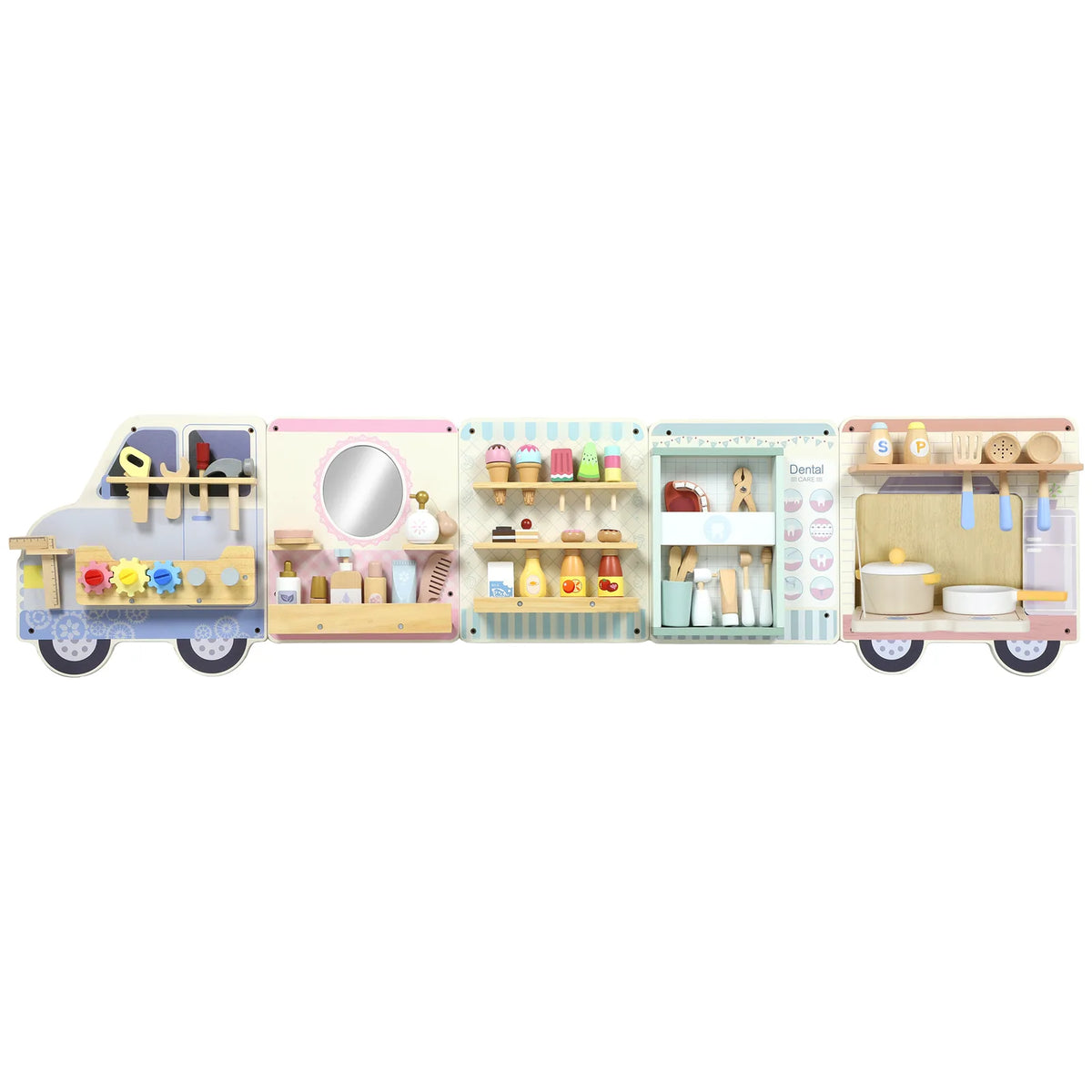 AIYAPLAY Wooden Busy Board with 5 Role Play Scenes – Wall Mounted Activity Panels for Kids, Truck Design