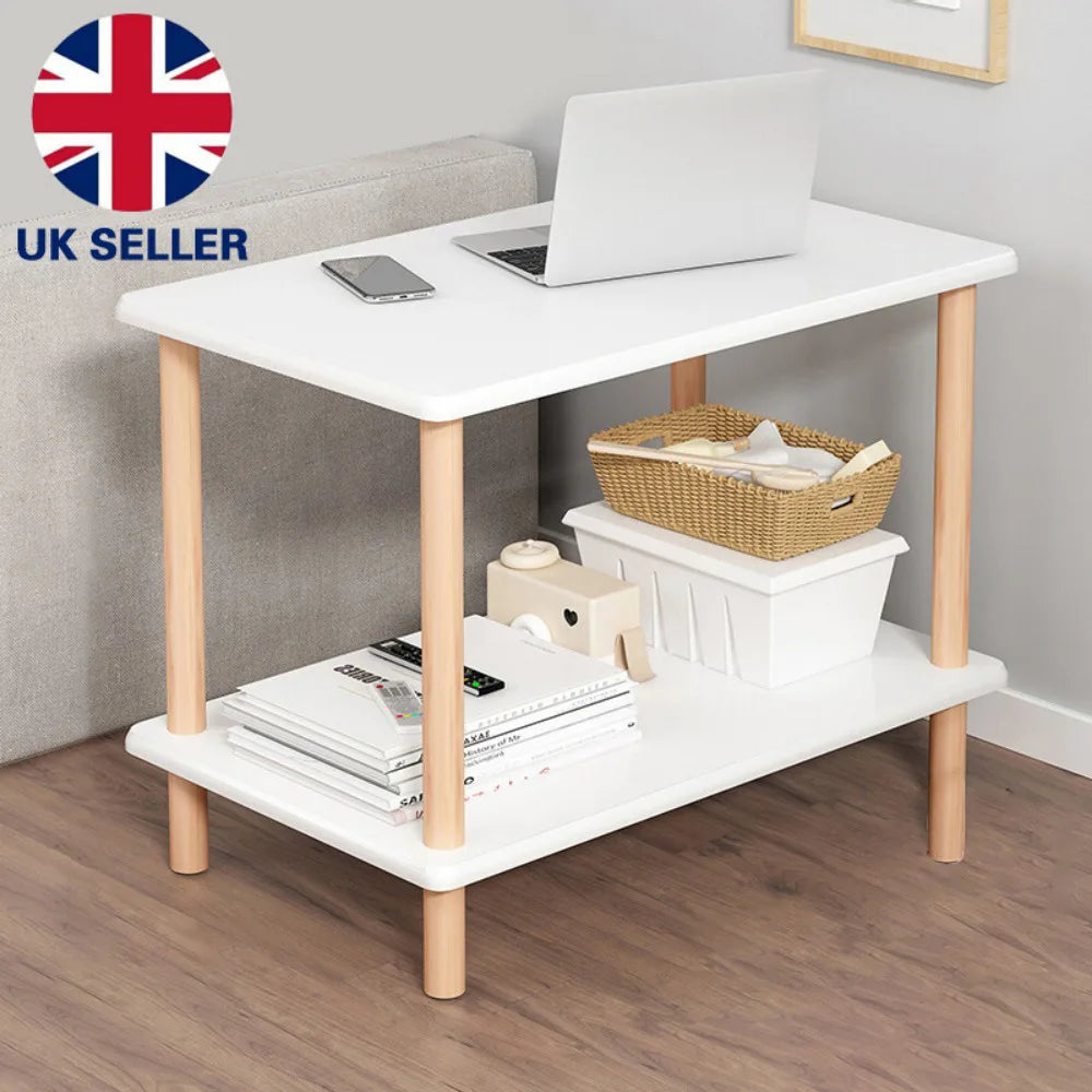 Narrow Side Table for Living Room – Small Bedside Table with Shelf, MDF & Solid Wood, White