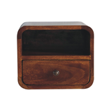 Artisan Furniture Extra Mini Wall-Mounted Bedside Table with 1 Drawer & Open Shelf, Solid Mango Wood – Dark Brown