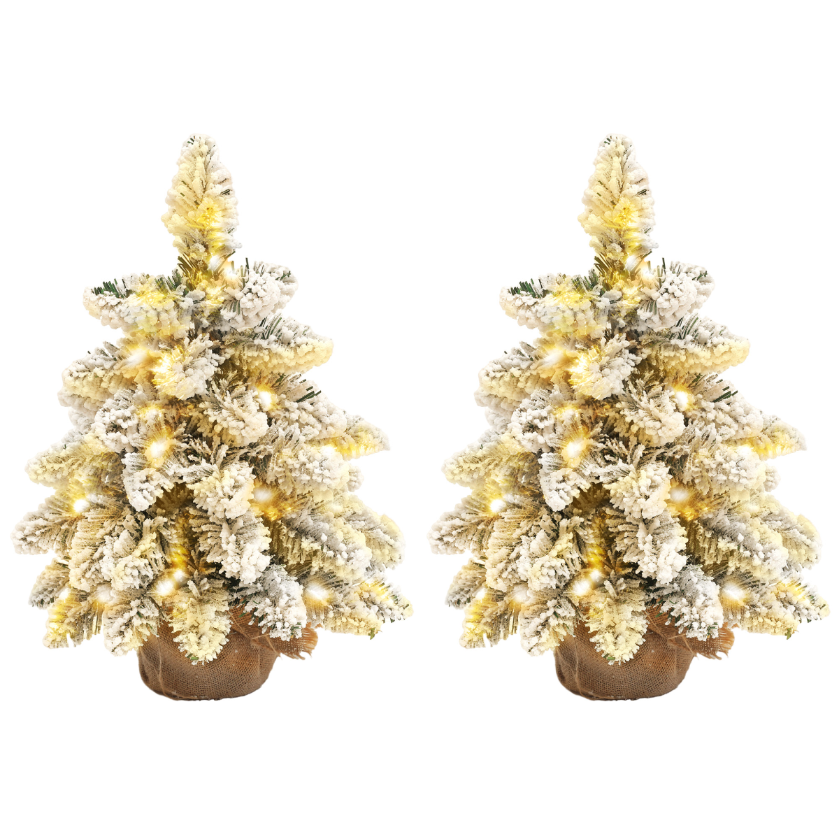 HOMCOM Set of 2 Mini Artificial Christmas Trees with Warm White LEDs – Flocked Tabletop Xmas Trees, Green