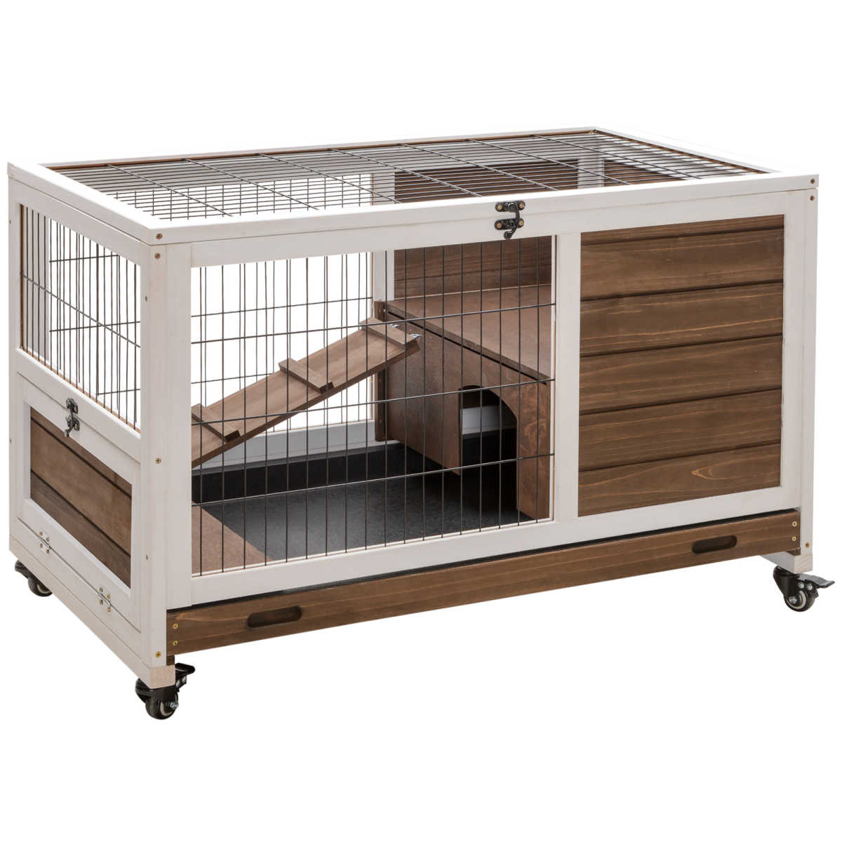 PawHut Wooden Indoor Rabbit Hutch with 2 Floors, Wheels and Openable Roof – Fir Wood Guinea Pig Cage