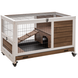 PawHut Wooden Indoor Rabbit Hutch with 2 Floors, Wheels and Openable Roof – Fir Wood Guinea Pig Cage