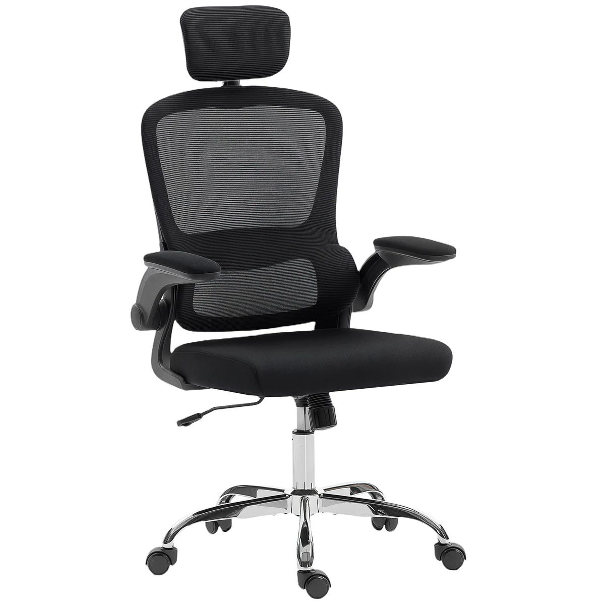 HOMCOM Mesh Back Office Chair with Lumbar Support, Flip-Up Armrests & Rocking – Desk Chair, Black