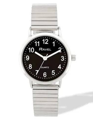 Ravel Ladies Everyday Black Dial Watch with Silver Stainless Steel Expander Bracelet, 27mm