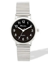 Ravel Ladies Everyday Black Dial Watch with Silver Stainless Steel Expander Bracelet, 27mm