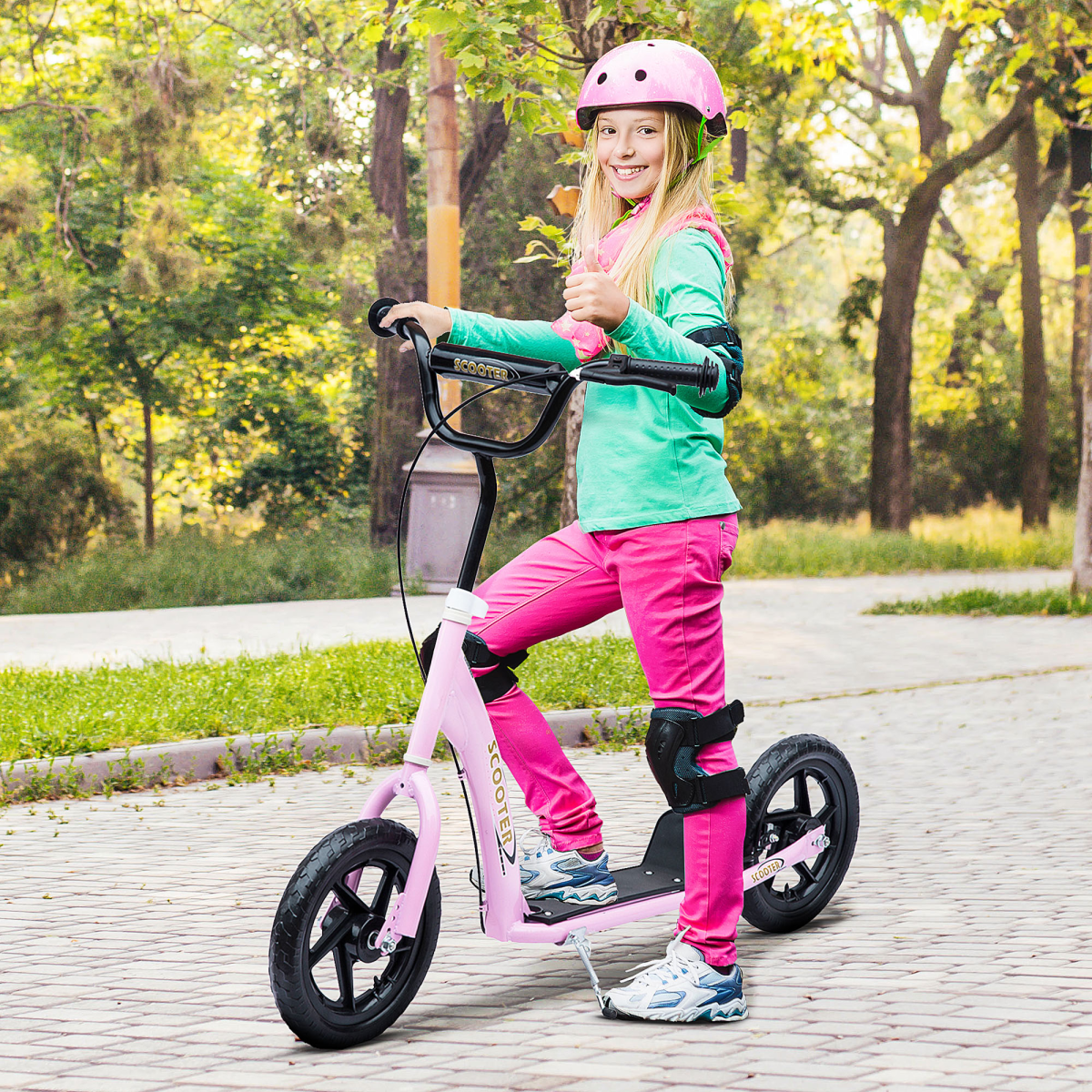 Kids Scooter with Adjustable Handlebars, Rear Brake and Non-Slip Footplate – Steel Frame Ride-On, Pink