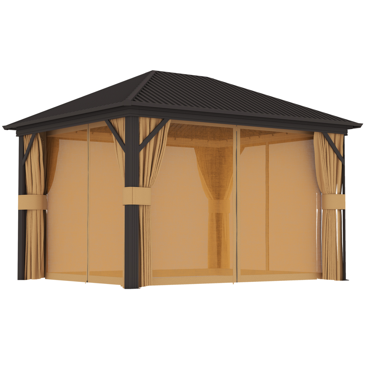 Outsunny 3.6 x 3m Metal Hardtop Gazebo with Zip Curtains & Mosquito Netting – Garden Shelter, Brown