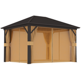 Outsunny 3.6 x 3m Metal Hardtop Gazebo with Zip Curtains & Mosquito Netting – Garden Shelter, Brown