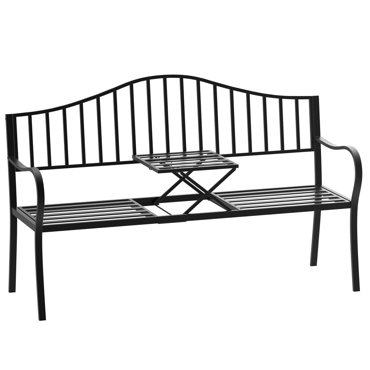 Outsunny Metal 2-Seater Garden Bench with Lift-Up Middle Table – Slatted Patio Seating for Park and Garden