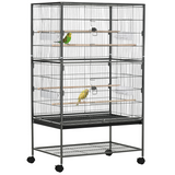 Bird Cage Aviary for Budgies and Canaries with Rolling Stand and Slide-Out Tray – Perches and Food Cups, Grey
