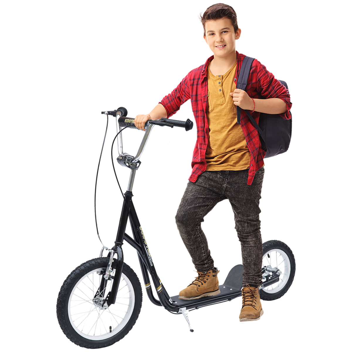 HOMCOM Teen Scooter with Adjustable Height, Dual Brakes, Big Rubber Wheels & Kickstand – Ages 5+
