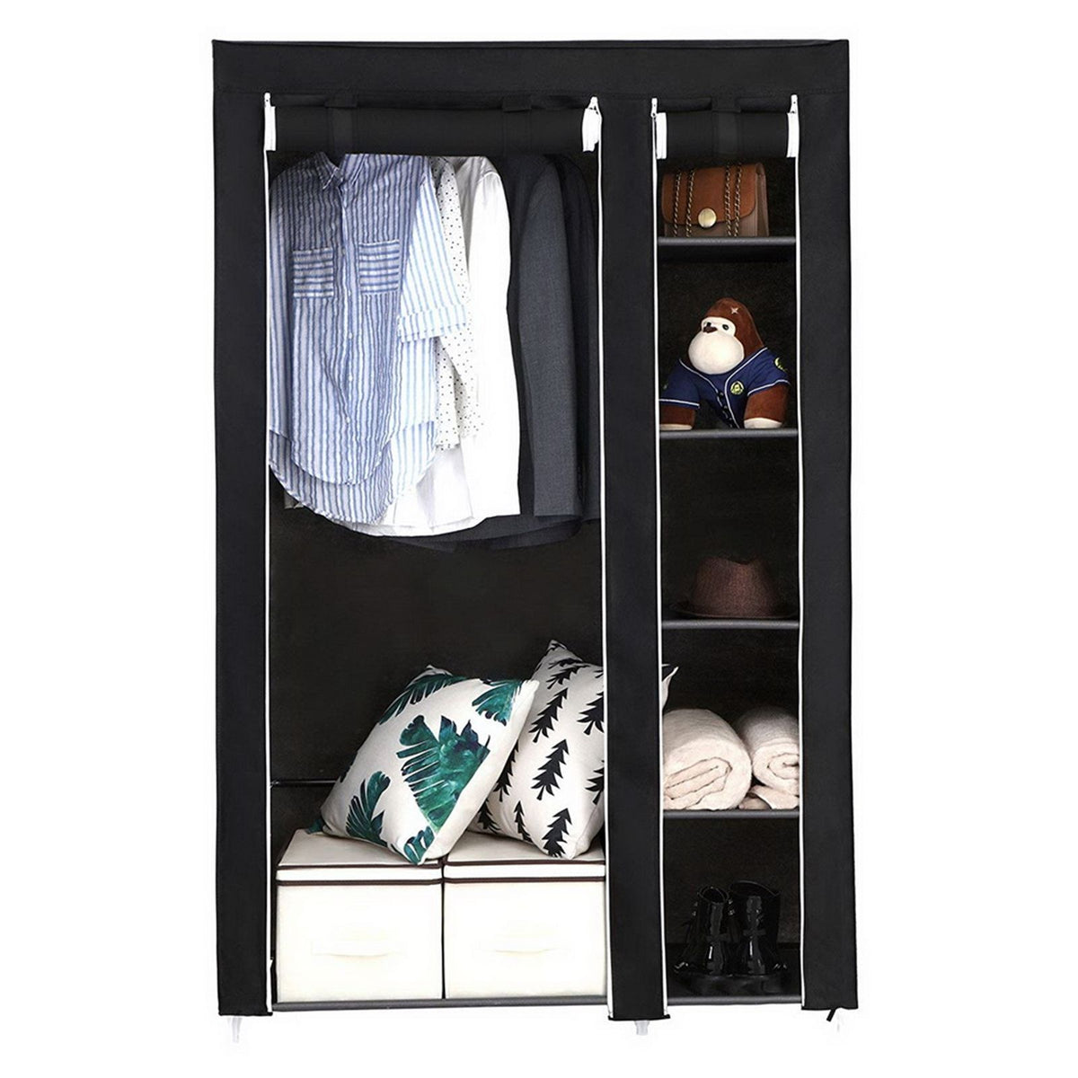 Portable Fabric Wardrobe with Hanging Rail and 6 Shelves – Zipped Dustproof Cover, 106 x 44 x 170cm, Black