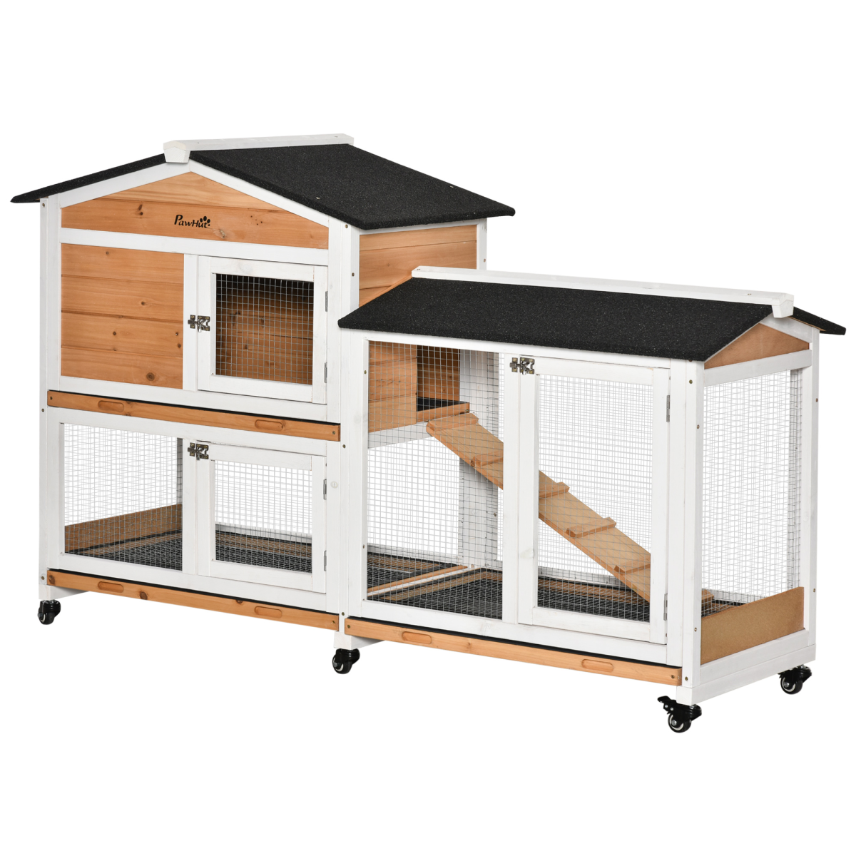 PawHut Wooden Rabbit Hutch & Guinea Pig Cage with Wheels, Run, Slide-Out Tray & Ramp – Two-Floor Outdoor House