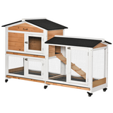 PawHut Wooden Rabbit Hutch & Guinea Pig Cage with Wheels, Run, Slide-Out Tray & Ramp – Two-Floor Outdoor House