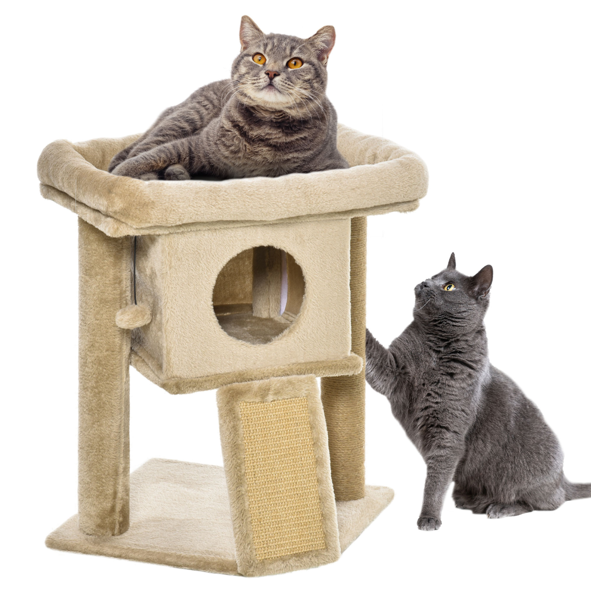 Pawhut Cat Tree Tower with Jute Scratching Pad, Toy Ball & Cat House – Multi-Level Climbing Centre, Coffee