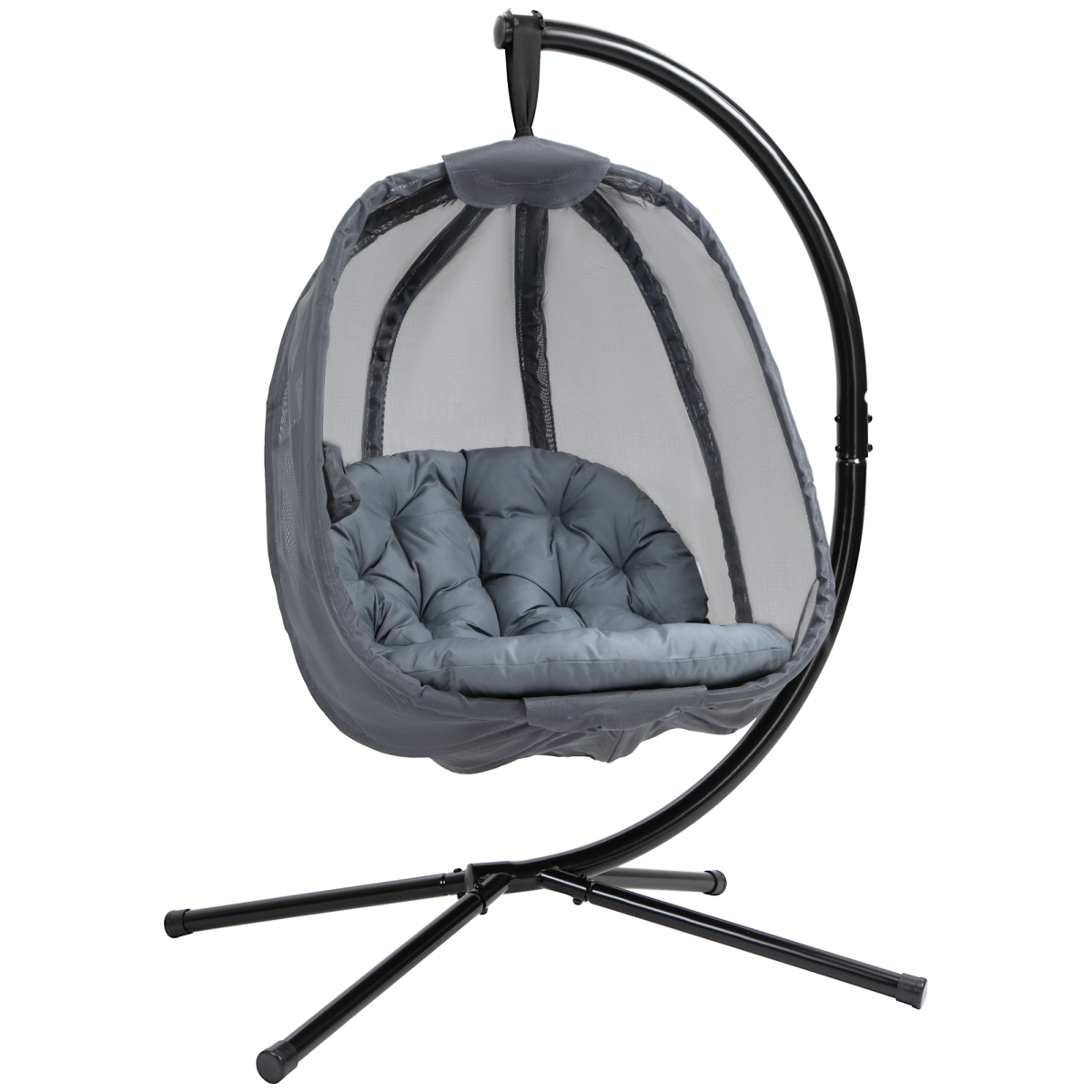 Outsunny Folding Hanging Egg Chair with Cushion, Stand & Pocket – Indoor Outdoor Swing Seat, Grey