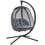 Outsunny Folding Hanging Egg Chair with Cushion, Stand & Pocket – Indoor Outdoor Swing Seat, Grey