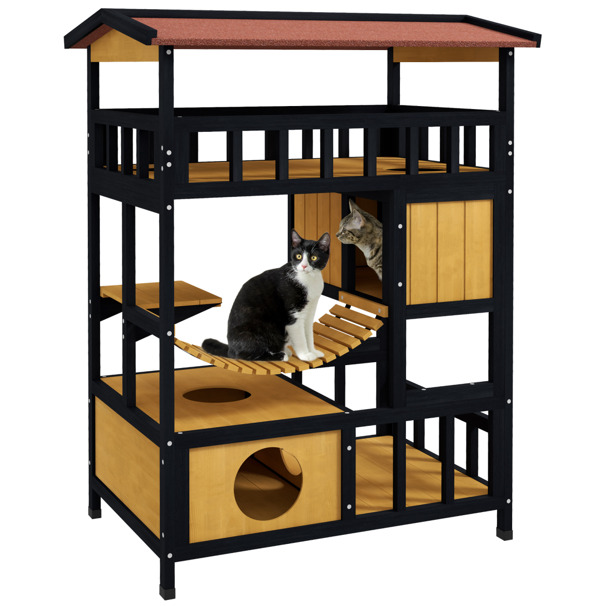 PawHut Outdoor Wooden Cat House with Suspension Bridge, Two Lounges and Sun Decks – Weather-Resistant Shelter, Yellow, Black and Red