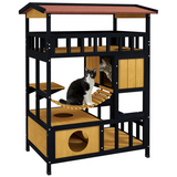 PawHut Outdoor Wooden Cat House with Suspension Bridge, Two Lounges and Sun Decks – Weather-Resistant Shelter, Yellow, Black and Red