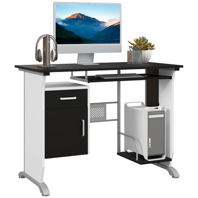 HOMCOM black computer desk with keyboard tray and drawer