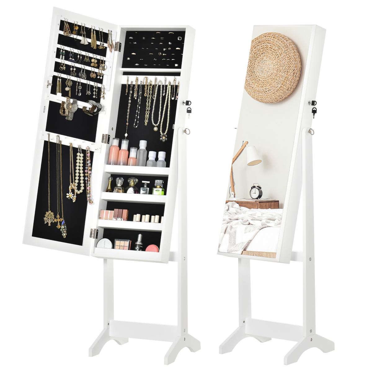 White lockable mirrored jewellery cabinet