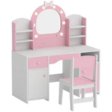 AIYAPLAY Kids Vanity Set with Stool, Dual-Colour Lights Mirror, Cabinets, Drawer & Shelves – Children's Dressing Table, Pink