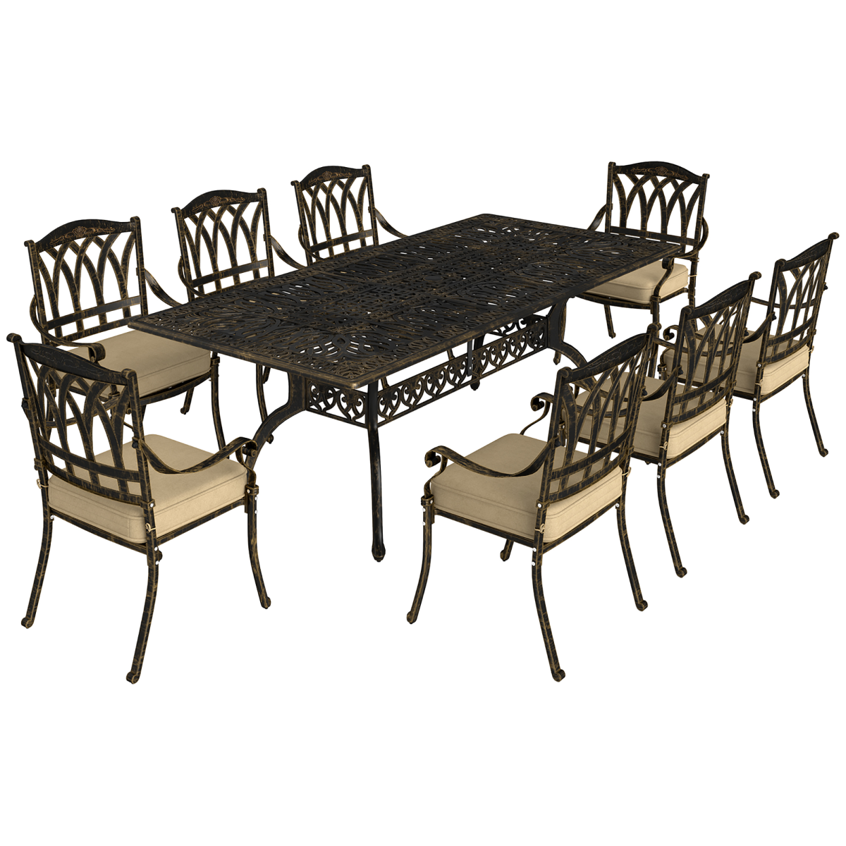 Outsunny 9-Piece Cast Aluminium Garden Dining Set with 8 Armchairs, Cushions & Parasol Hole – Bronze and Khaki