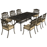 Outsunny 9-Piece Cast Aluminium Garden Dining Set with 8 Armchairs, Cushions & Parasol Hole – Bronze and Khaki