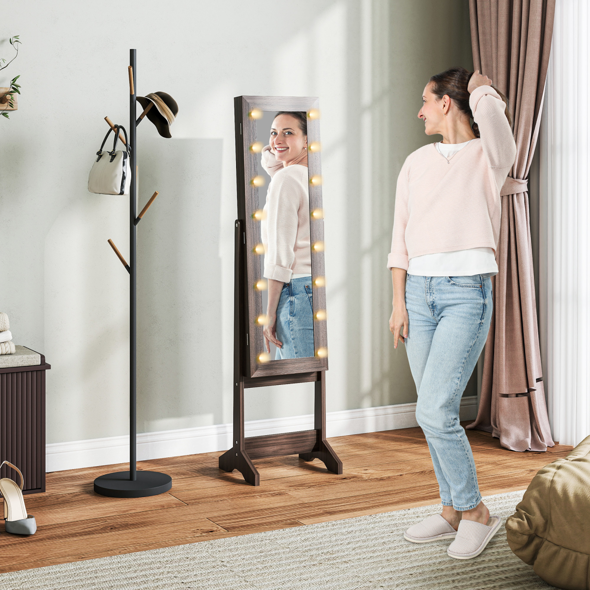 Freestanding Mirrored Jewellery Cabinet with 16 LEDs and 3 Angles – Full Length Mirror Storage, Dark Brown