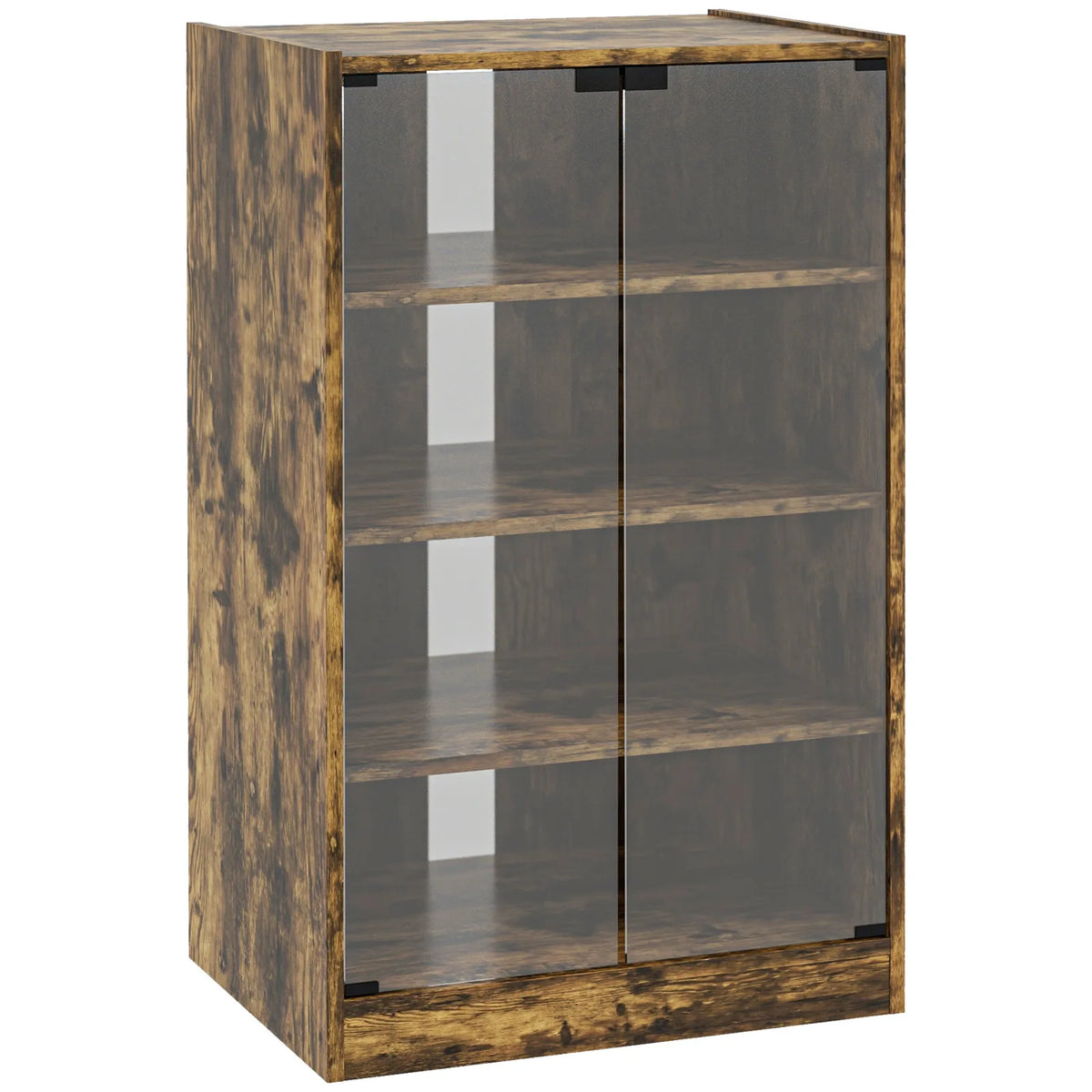 HOMCOM 4-Tier Hi-Fi Stand with Push-to-Open Glass Doors and Adjustable Shelves – Record Player Cabinet, Rustic Brown