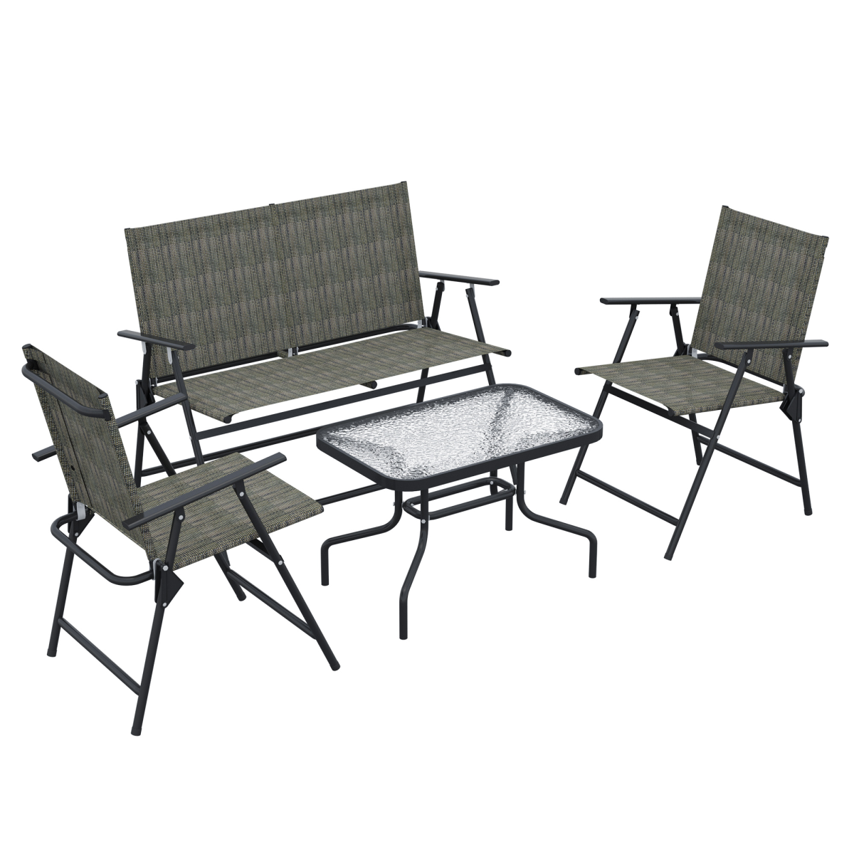Outsunny Foldable Patio Furniture Set with 2 Armchairs, Loveseat & Glass Side Table – Garden Seating, Grey/Brown