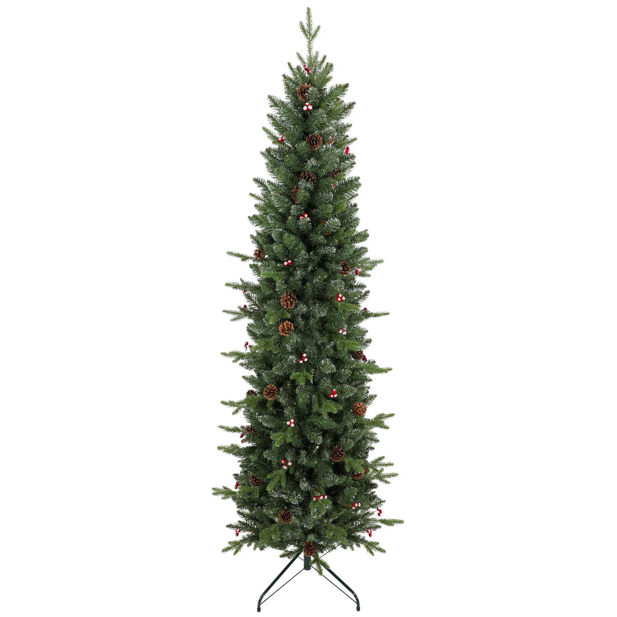 HOMCOM 7ft Slim Artificial Christmas Tree, Gracious Pine with 904 Tips, Pine Cones and Berries, Green