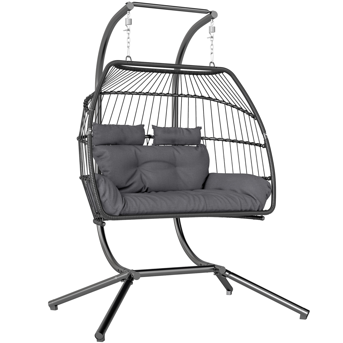 Outsunny Rattan Double Hanging Egg Chair with Stand and Cushion – Foldable Garden Swing Seat, Dark Grey